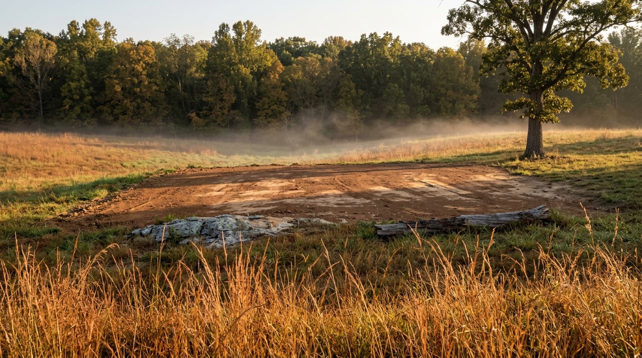 Cleared clay building pad with limestone outcrop, autumn grasses, a lone oak, and dense hardwoods.
