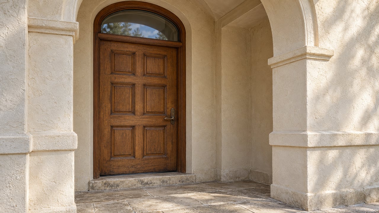 Recessed cream-stucco arch around a weathered oak front door, with an arched glass transom and pale limestone threshold.