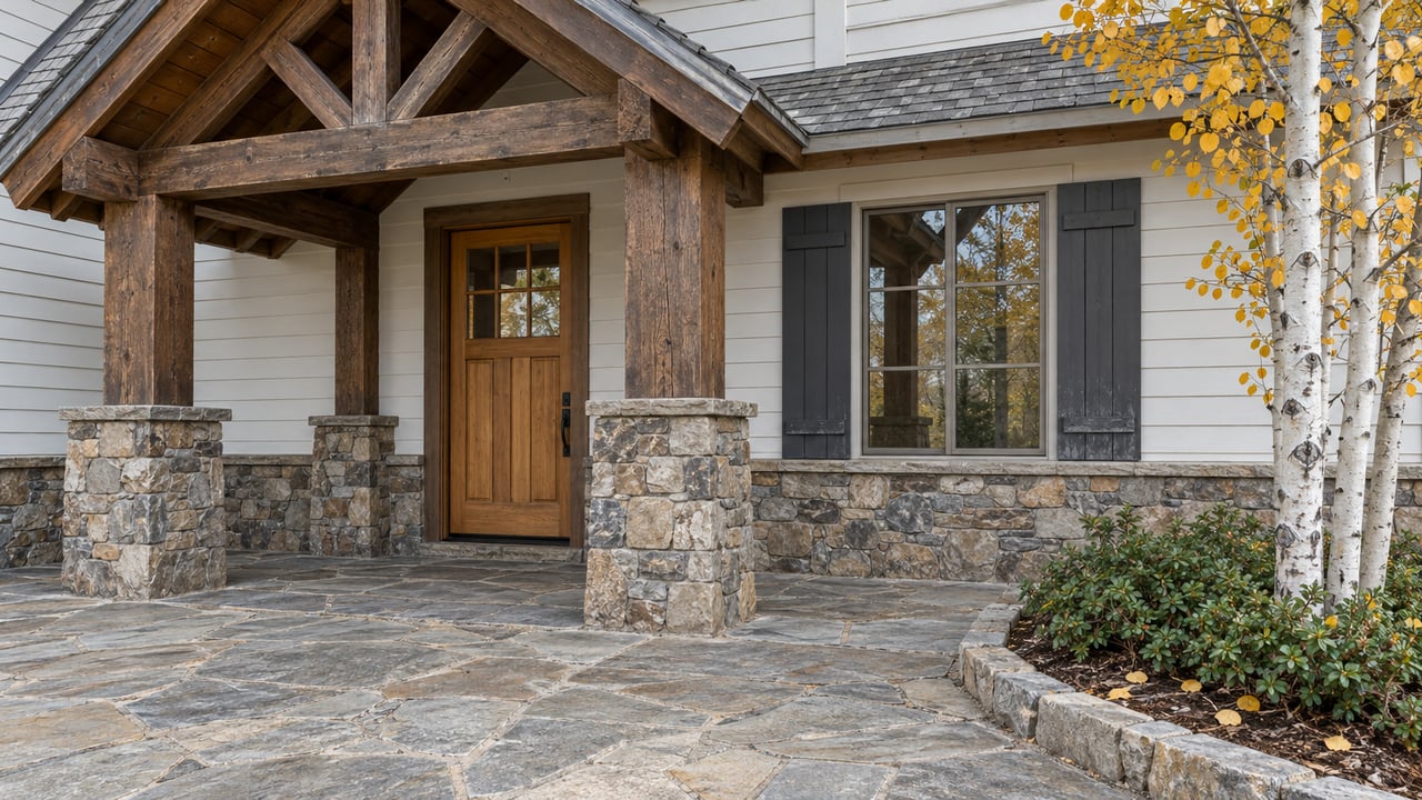White clapboard home with a timber-gabled entry, paired dark window shutters and a weathered flagstone terrace beside a golden-leaved aspen.