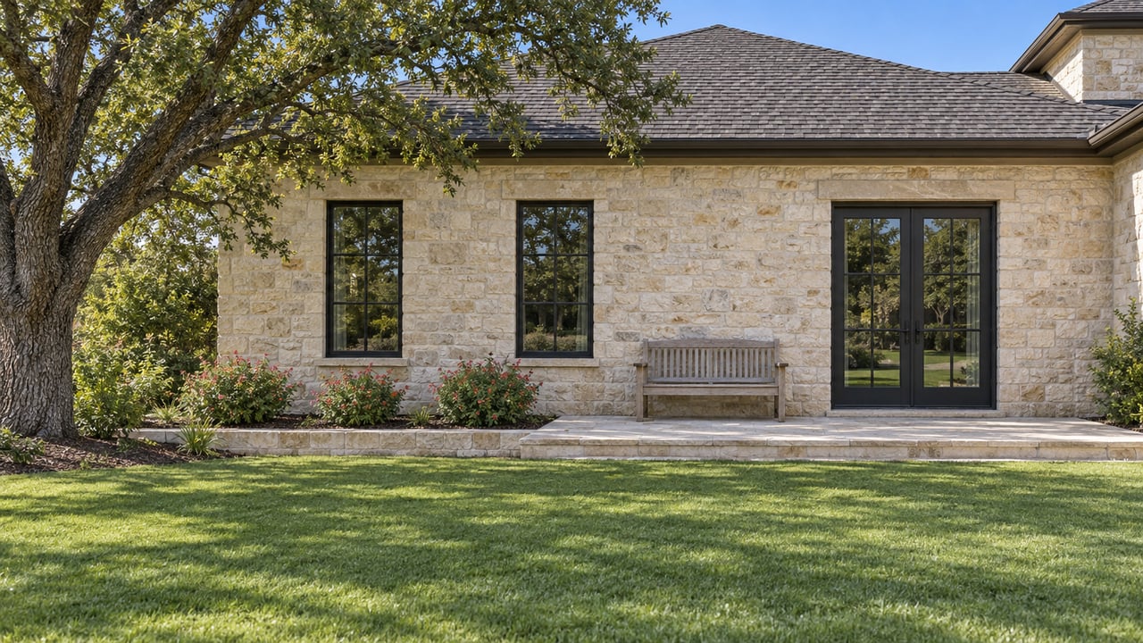 Cream limestone home with black-framed windows and glazed doors, a raised stone terrace, teak bench and mature oak beside a broad lawn.