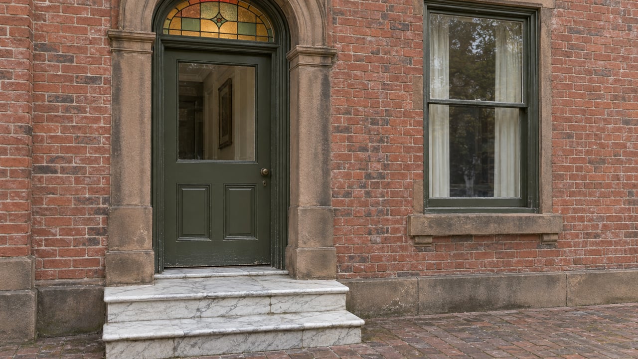An olive-painted rowhouse door beneath an amber and green stained-glass transom, beside red brick and worn marble steps.