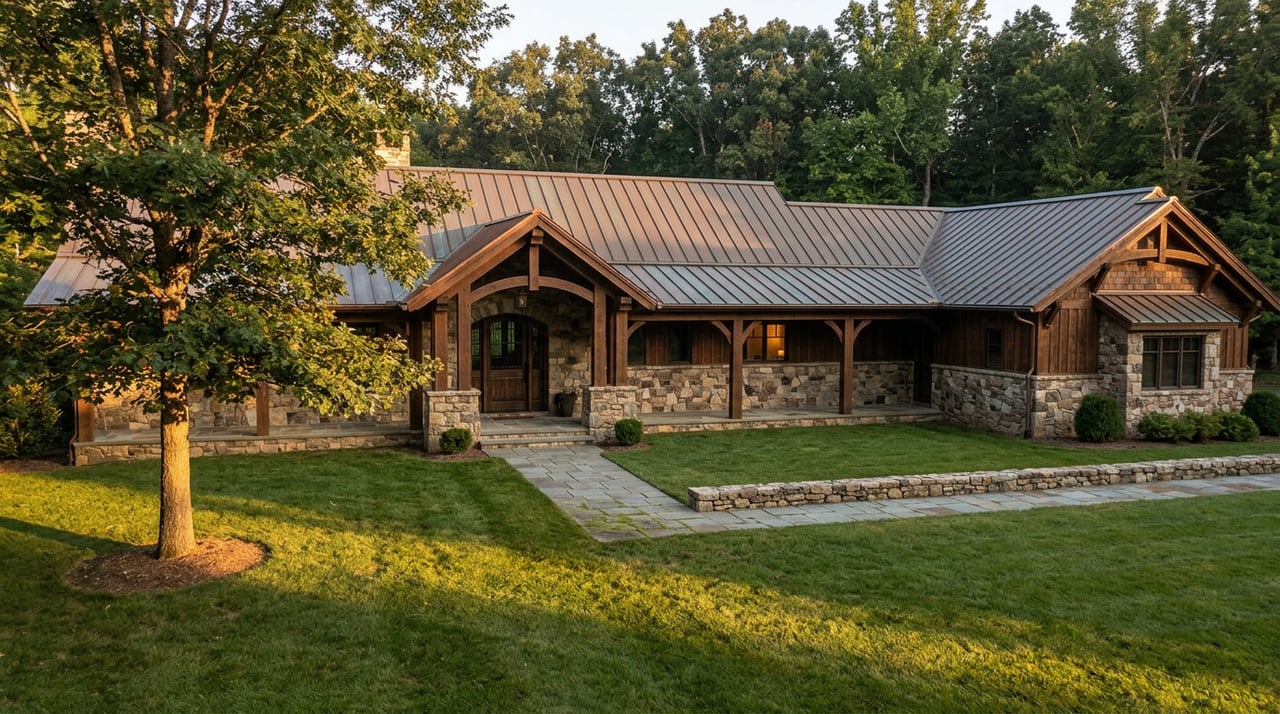 Stone-and-timber mountain lodge beyond a lawn, with a stone walkway, mature oak, and one glowing window.