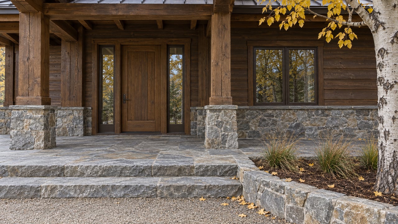 Timber lodge entry with a paneled wood door, glazed sidelights, gray stone steps, and autumn aspen foliage.