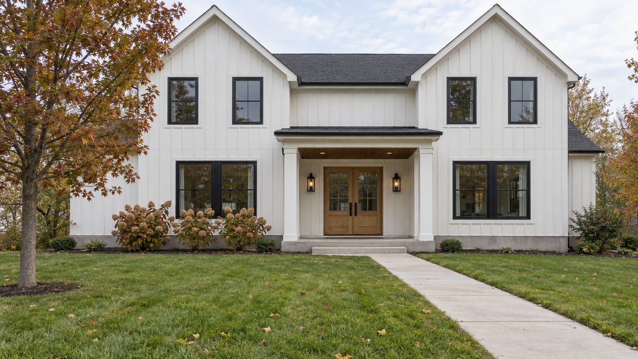 White board-and-batten detached house with dark windows, a wood double-door entry, a deep front lawn and russet autumn planting.