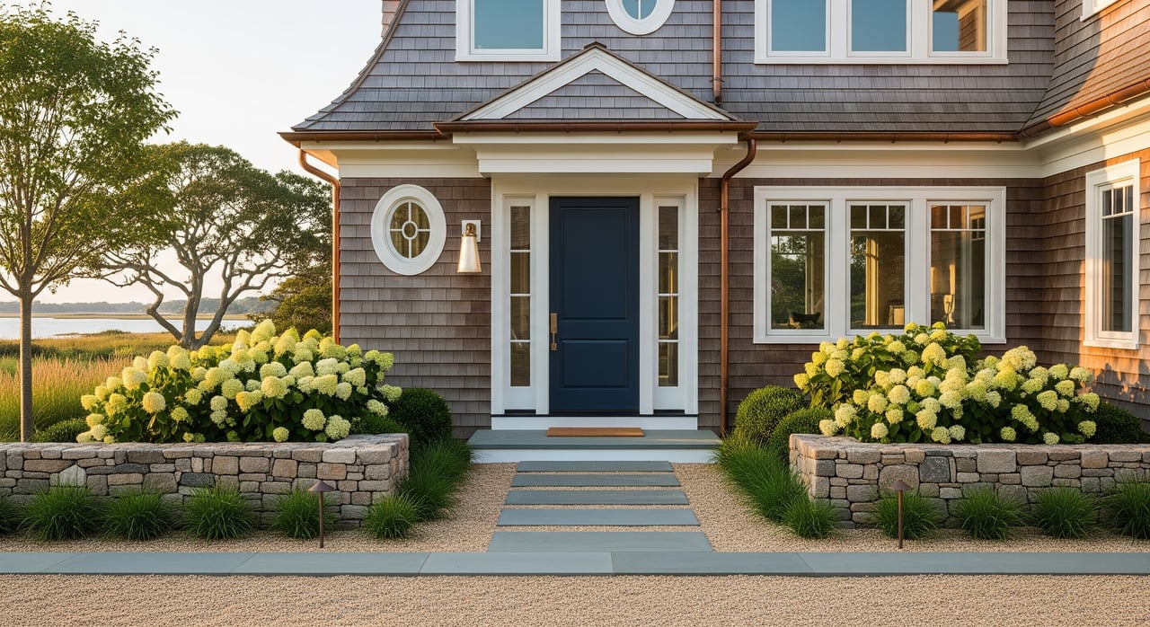 Shingled house with a navy front door, round window, and stone planters of pale yellow flowers.