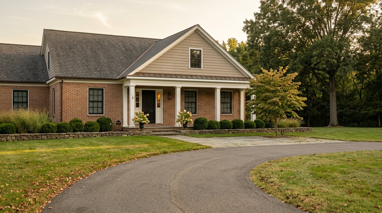 Brick-and-siding estate with a columned portico, framed by a curved driveway and broad lawn.