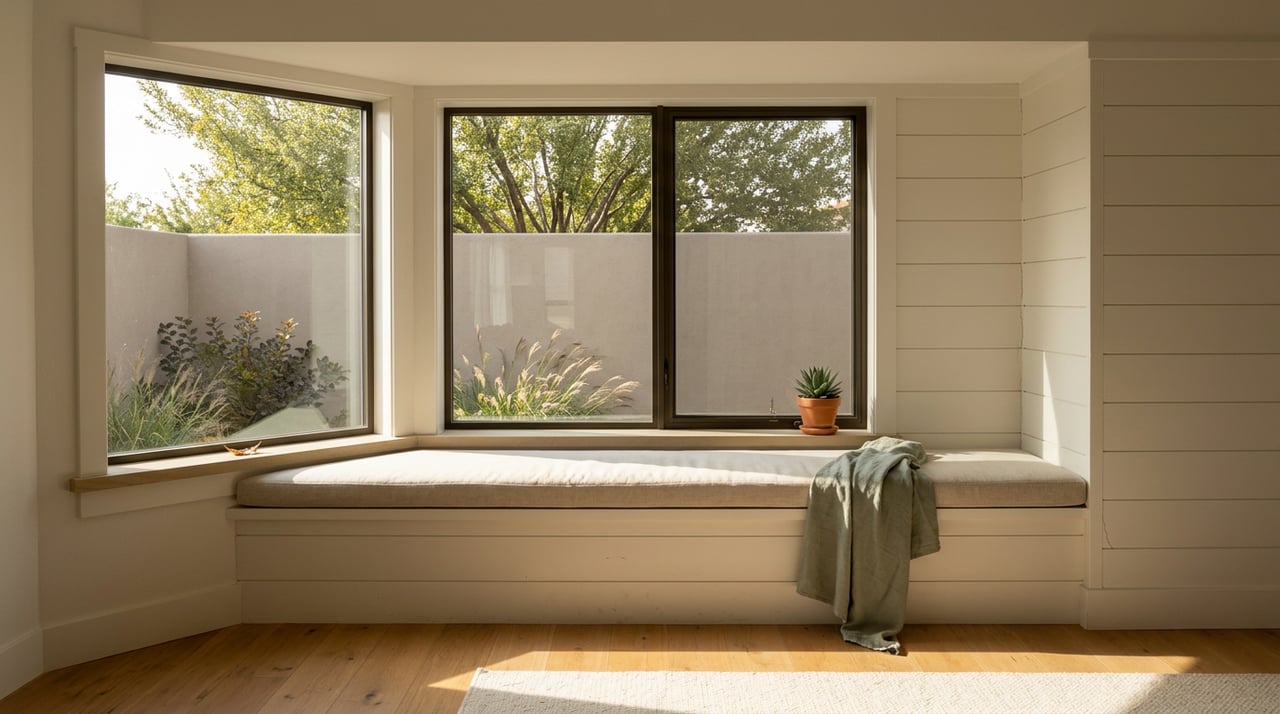 Bedroom bay window seat with a sage throw, potted agave, and leafy garden visible beyond the glass.