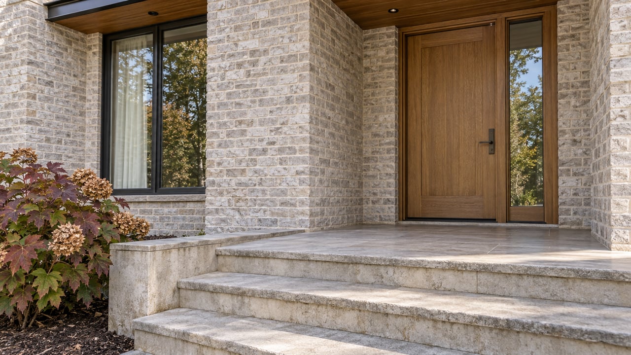 Light brick home entrance with broad limestone steps, a sheltered oak door, dark-framed glazing, and burgundy oakleaf hydrangea.