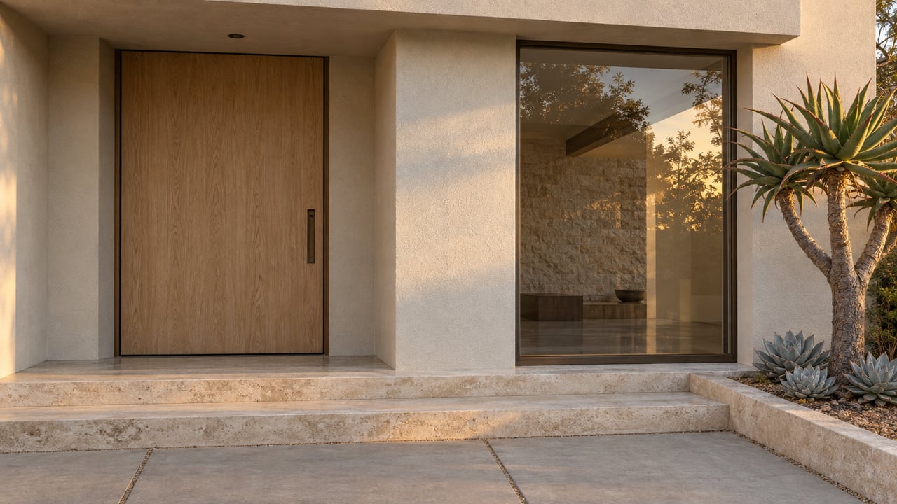 Warm sunset grazes a smooth stucco home entrance with an oak pivot door, bronze-framed window, travertine steps, and sculptural aloe.