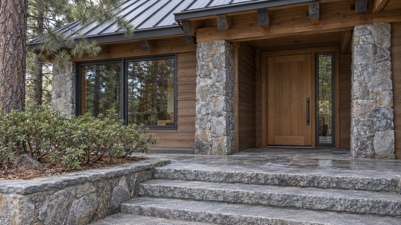 Timber home entry with a steep metal roof, granite steps, cedar siding, and a pine beside a raised stone planting bed.