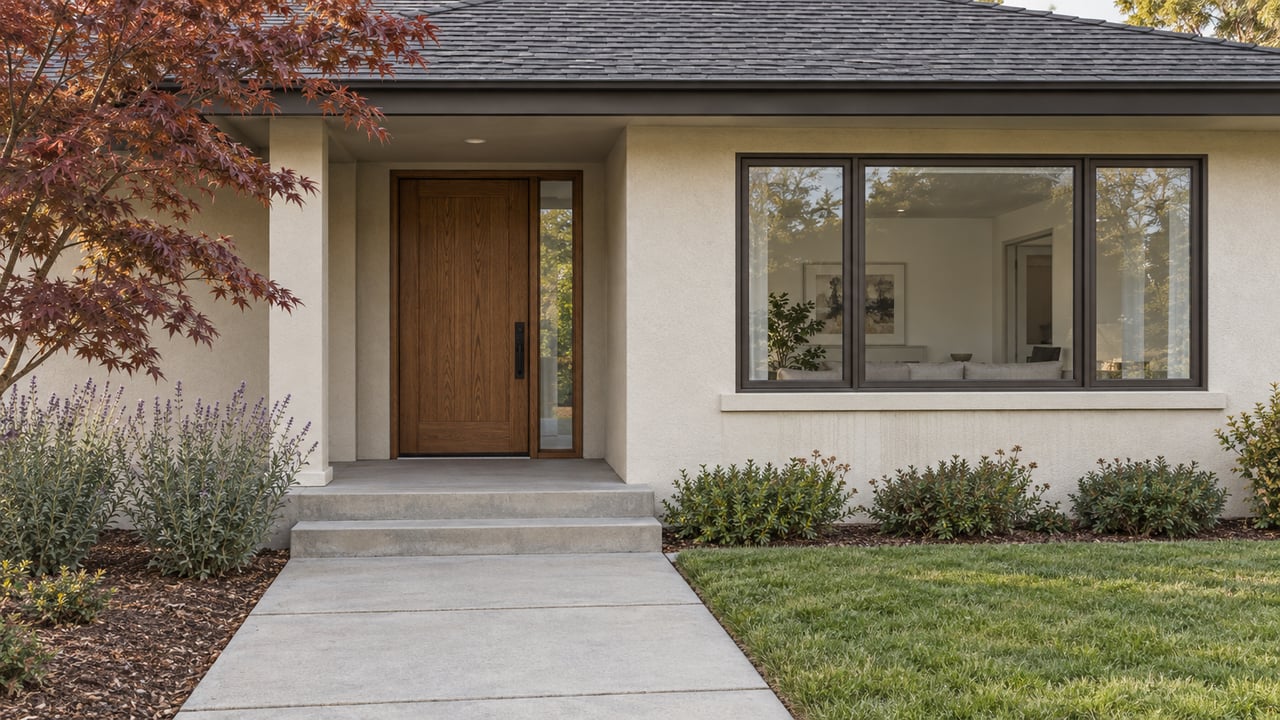 A softly lit stucco home with an oak front door, bronze-framed window, concrete steps and a red-leaf Japanese maple.