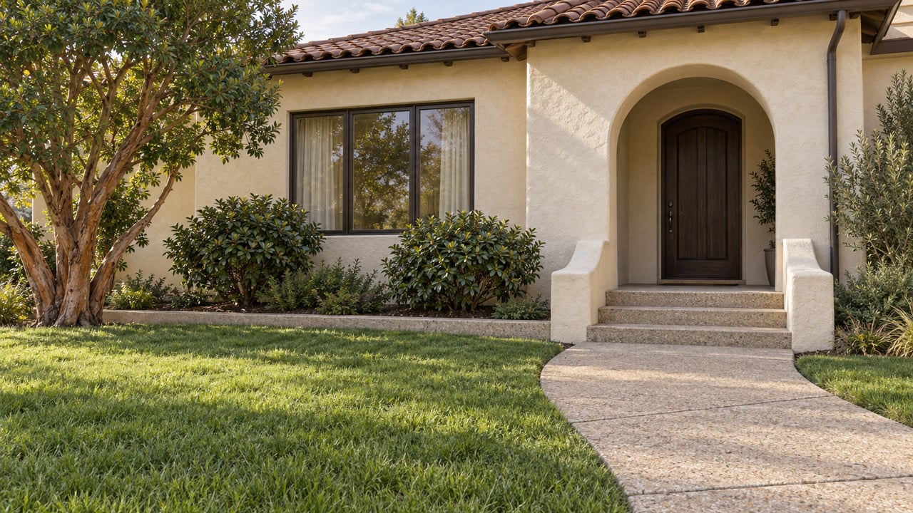 An ivory stucco home with a terracotta roof, recessed arched entry and curved concrete approach across a deep green lawn.