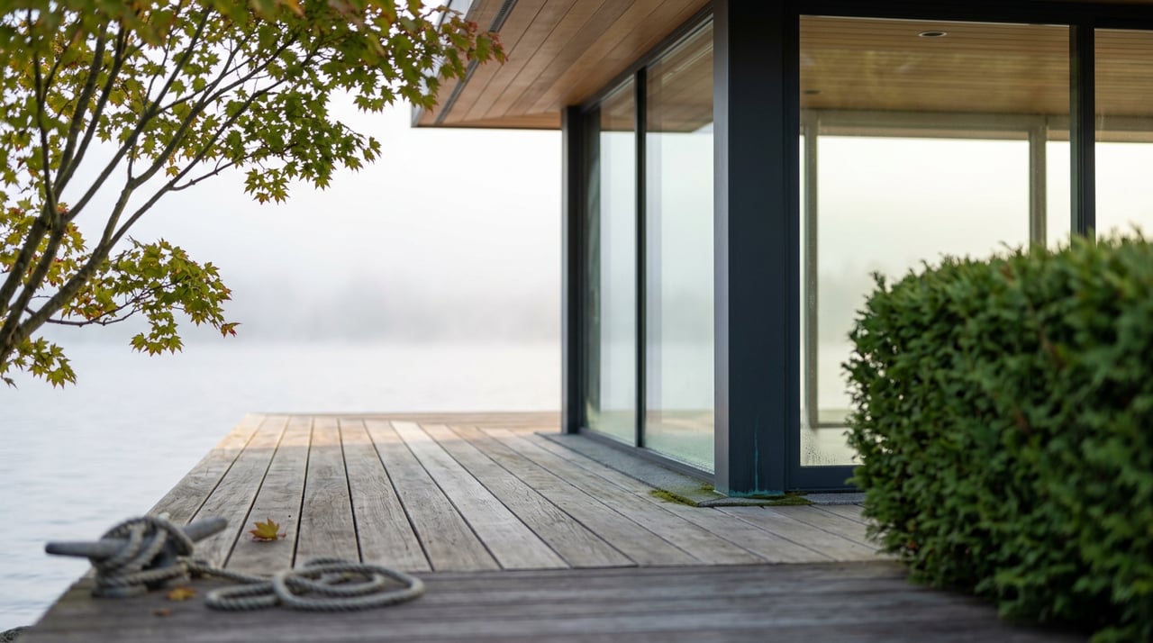 Glazed terrace corner with charcoal steel column, cedar decking, dock cleat, and misty water beyond.