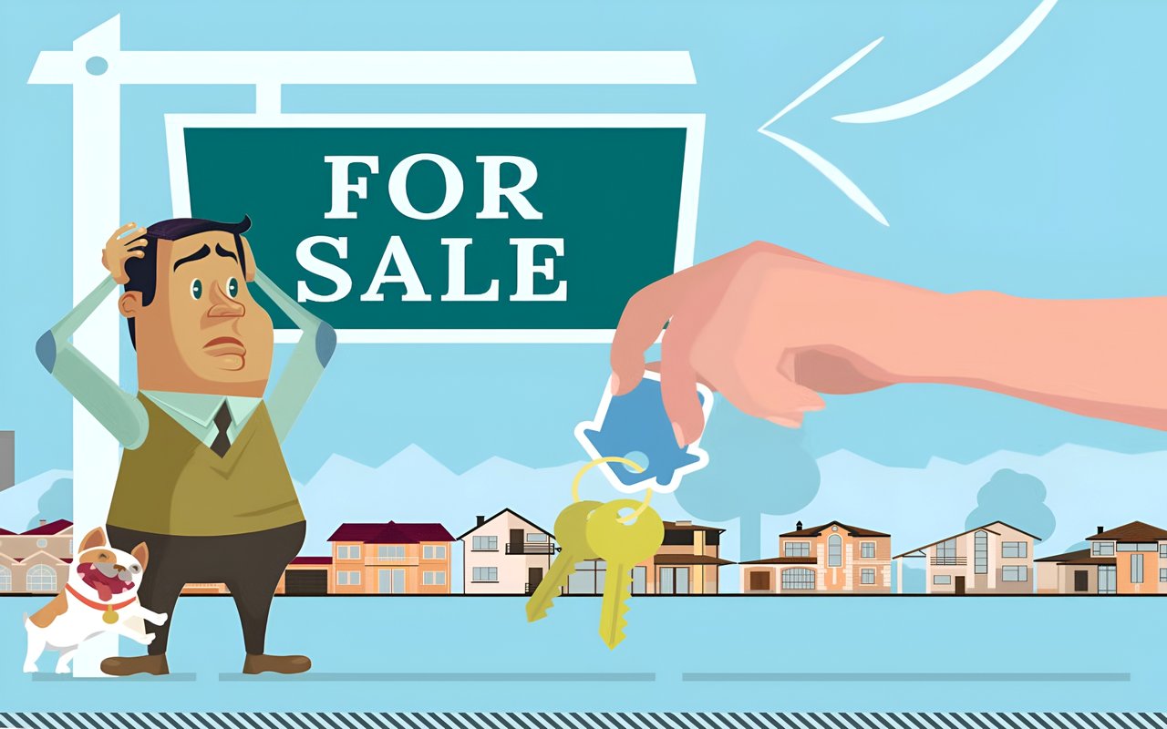 Worried home buyer beneath a FOR SALE sign as a hand offers keys, with houses behind him.