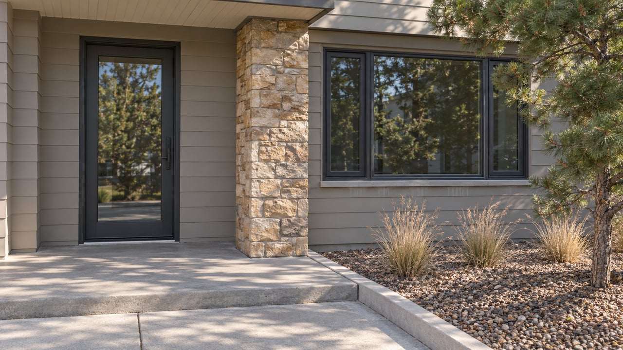 Attached-home entry with light-gray lap siding, a sandstone canopy pier, dark-framed glazing, and a concrete approach beside pinyon pine and blue grama.