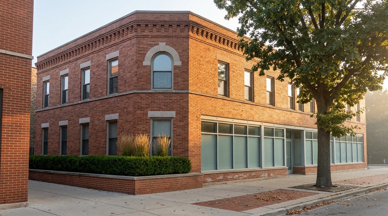 Red-orange brick corner building with limestone-trimmed arched window, storefront glazing, and a sunlit oak tree.
