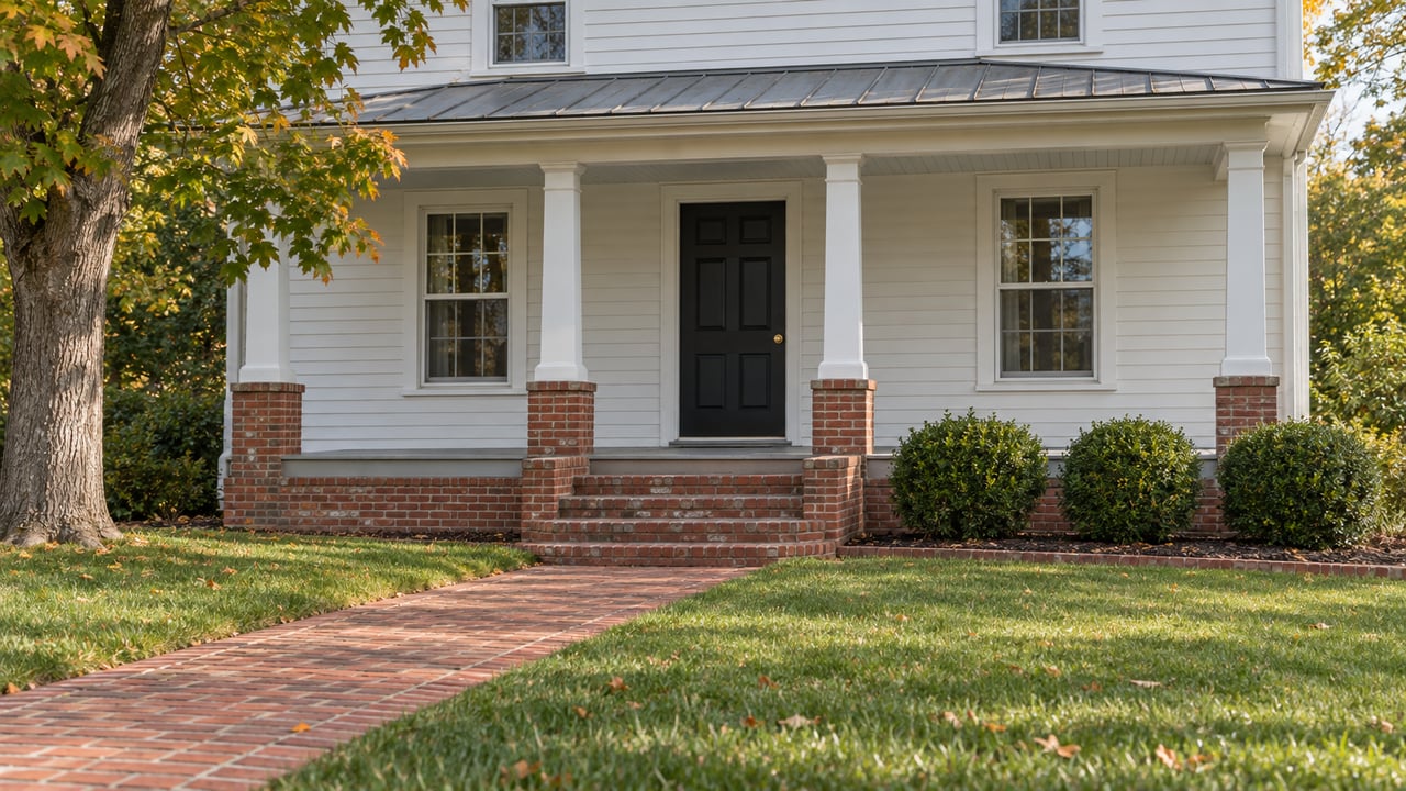 White clapboard home with a sheltered front porch, black door, brick steps and walk, green lawn, and an autumn-tinged sugar maple.