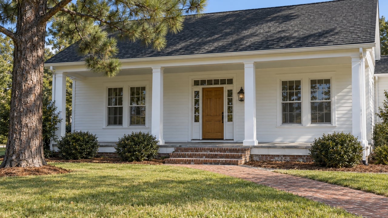 White clapboard home with a wood front door, square porch columns, brick approach and broad lawn beneath a mature longleaf pine.