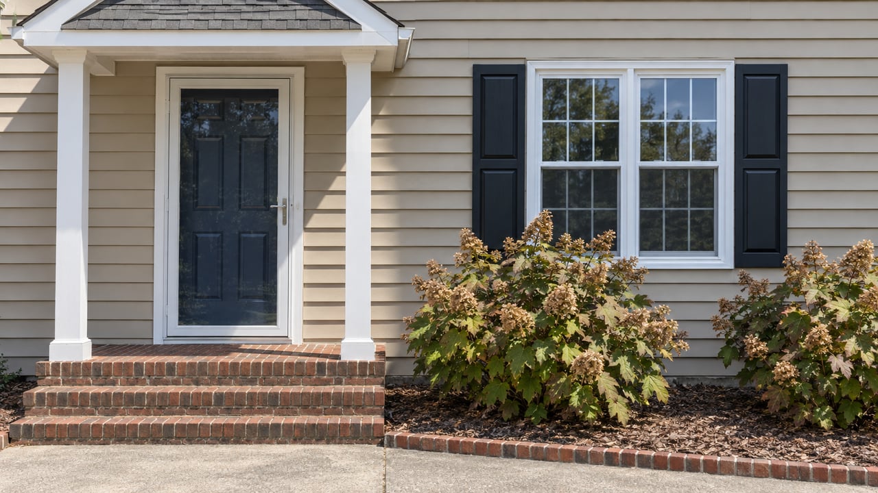 Sand-colored lap-sided home with a navy entry door, white portico, brick steps and oakleaf hydrangeas beside a shuttered window.