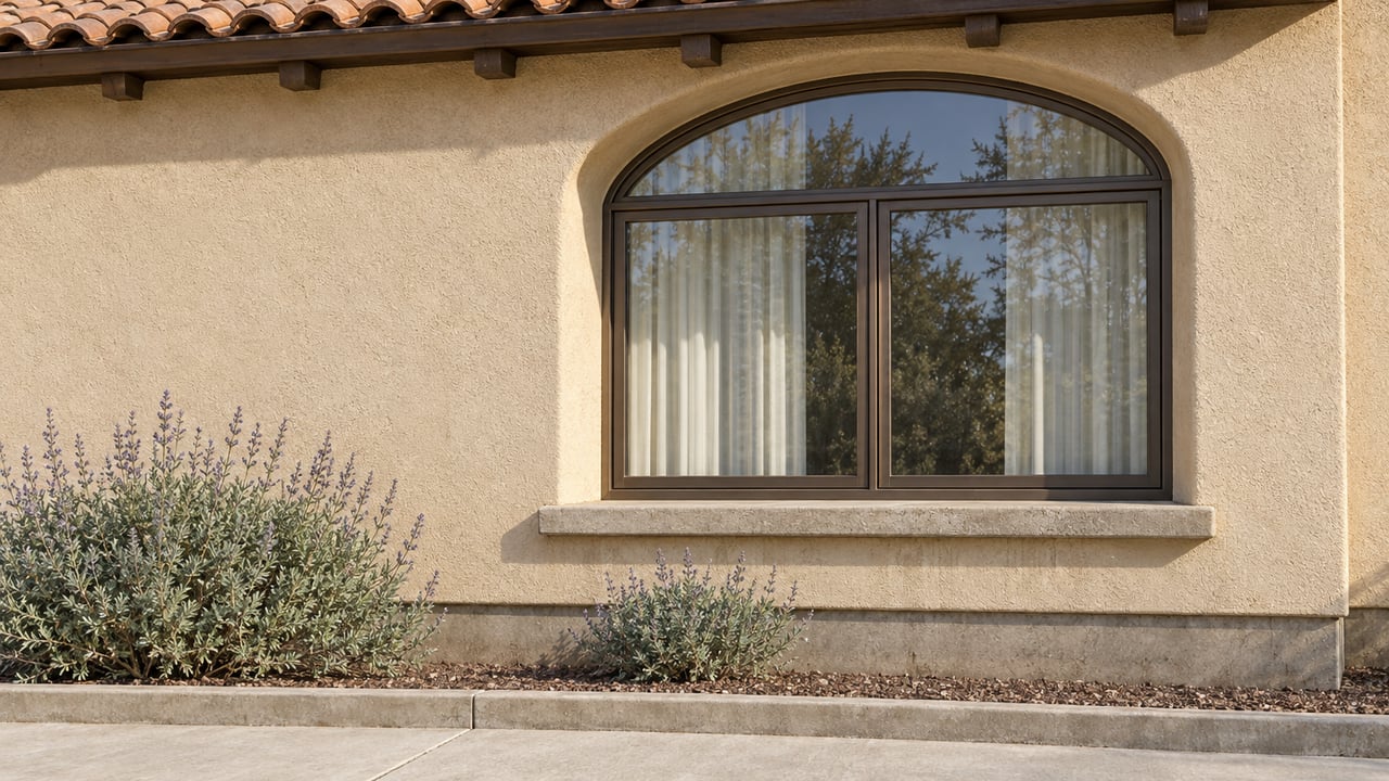 Sunlit sand-colored stucco facade with an arched bronze-framed window, terracotta roof tiles and two Cleveland sage plants beside a concrete walk.