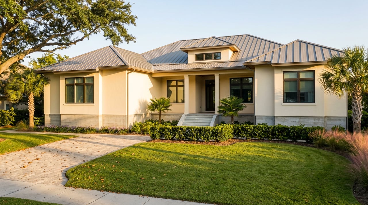 Coastal home with a raised concrete foundation, gray metal roof, paver driveway, broad lawn, and live oak canopy.