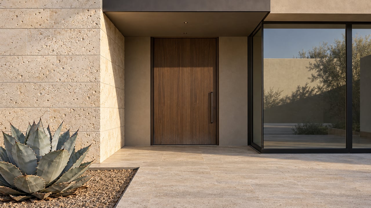 Quiet contemporary home entrance with cream limestone, a recessed walnut door, black-framed glass and one blue-gray agave in morning light.