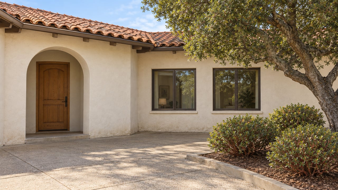 Sunlit cream stucco home with a clay tile roof, recessed arched oak entry, and a paved courtyard edged by a mature oak and manzanita shrubs.