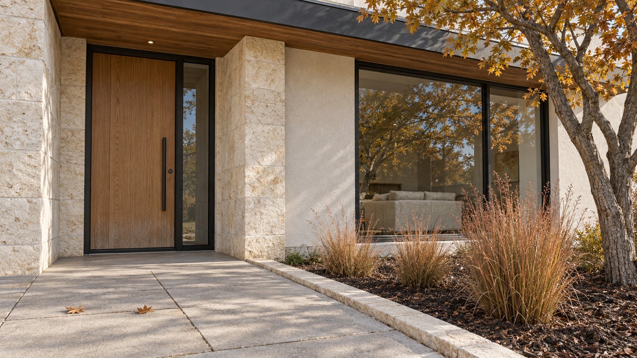 Modern stone home entry with a tall wooden door, large window, and autumn landscaping.