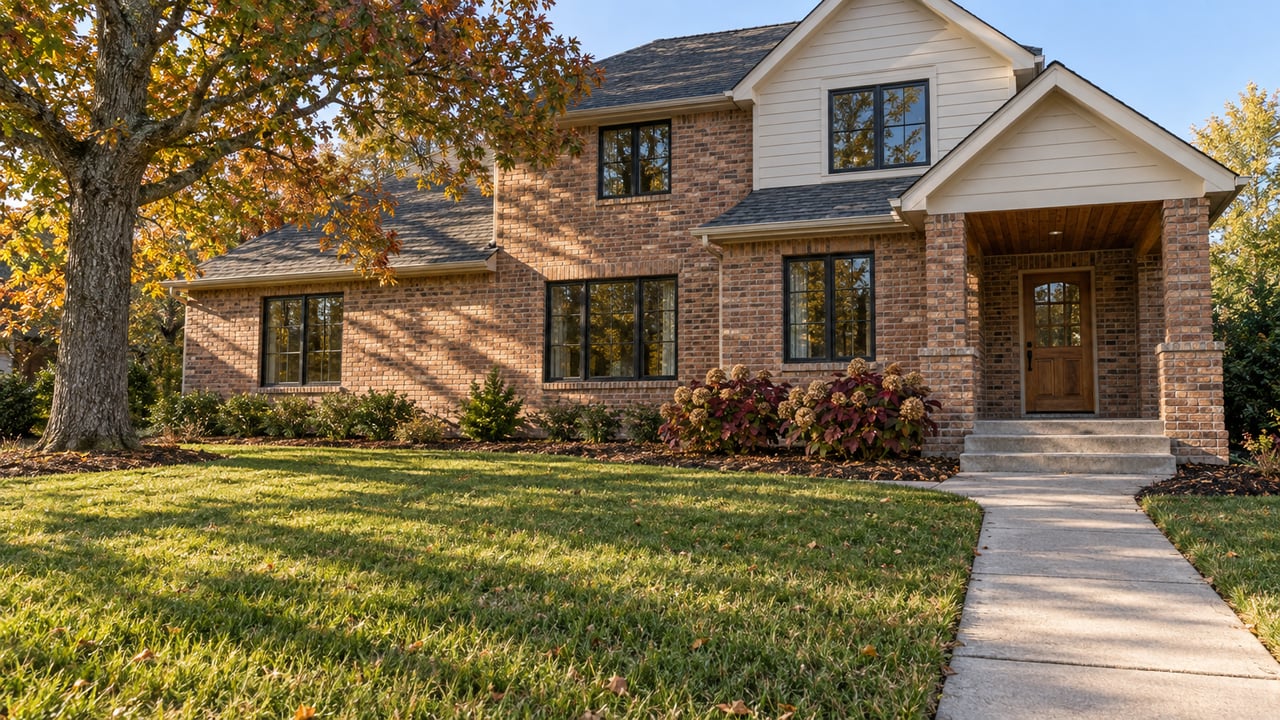 Brick and cream-sided home with a covered entry, broad green lawn and oak leaves turning russet in afternoon light.