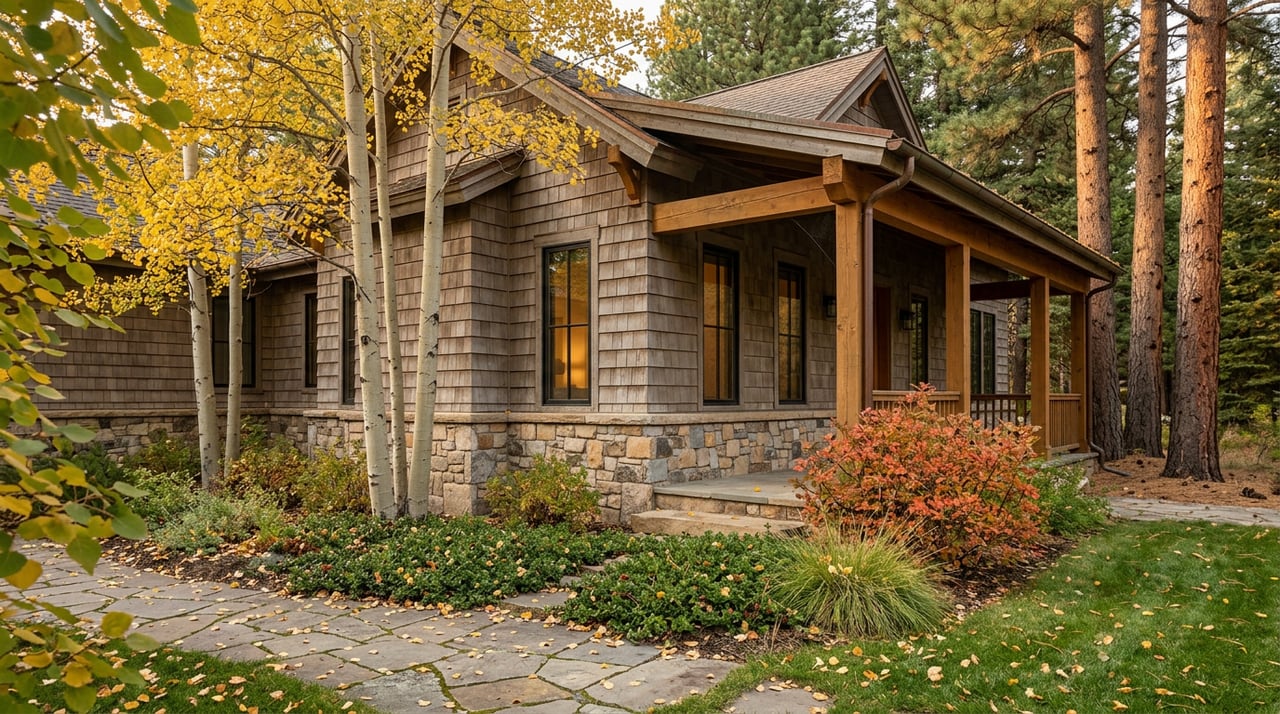Cedar-shingle mountain home with a fieldstone base, timber porch, and golden aspens beside a flagstone path.