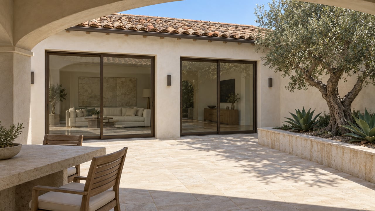 Sunlit limestone courtyard with a plaster arch, bronze-framed glass doors, teak chairs and a sculptural olive tree.