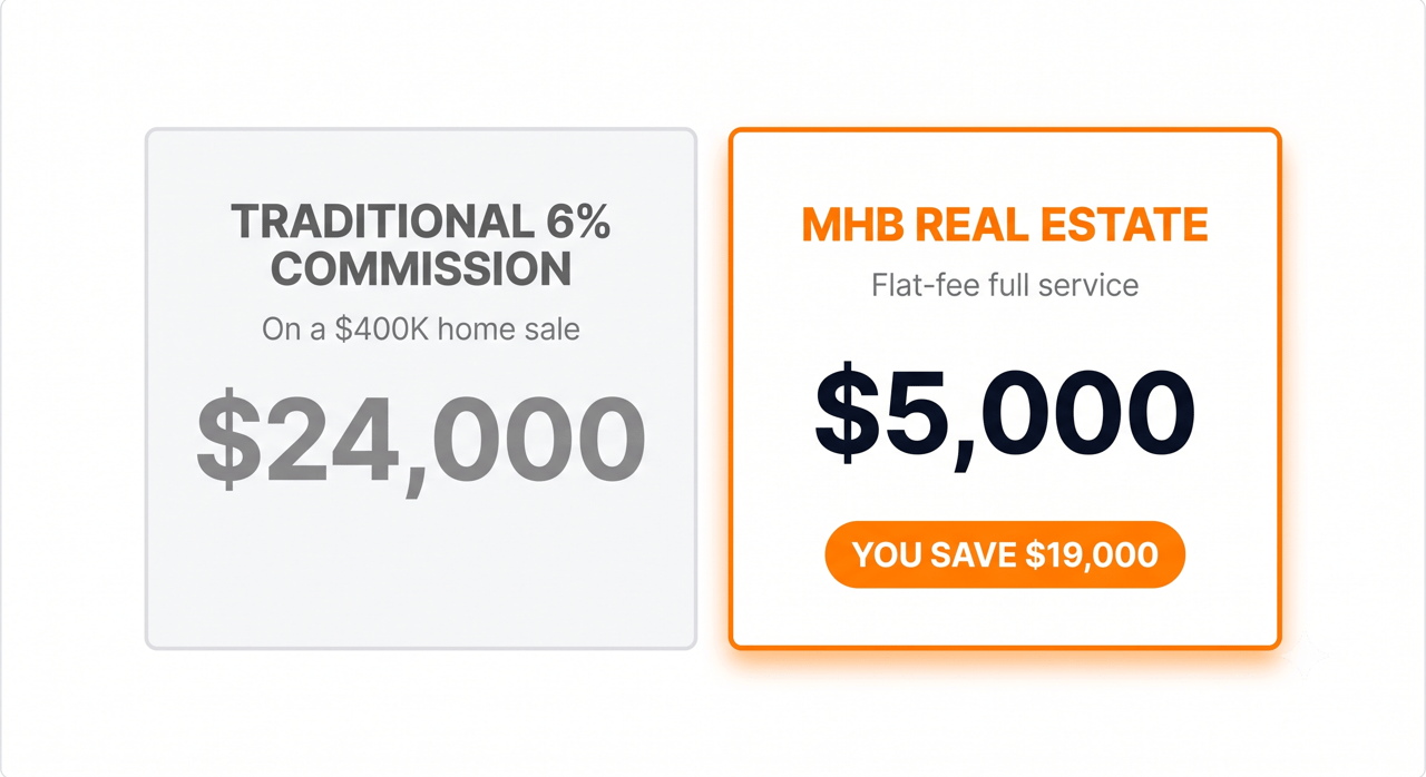 Comparison showing $24,000 traditional 6% commission versus $5,000 MHB flat fee on a $400,000 home sale