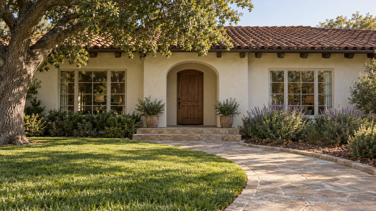 An ivory stucco home with a clay-tile roof, recessed arched doorway, limestone garden path and mature oak canopy.