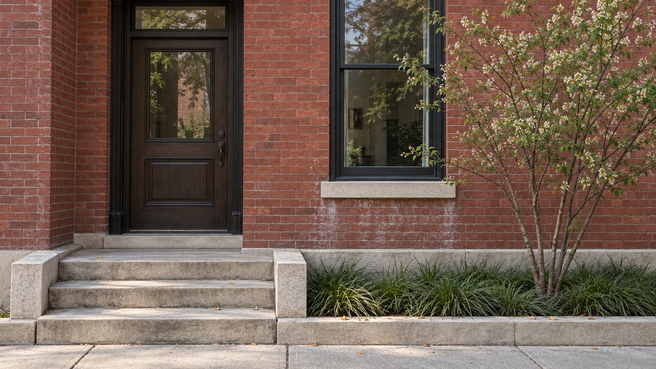 Red brick home entrance with limestone steps, a dark glazed door, sash window, and small tree in a raised planter.