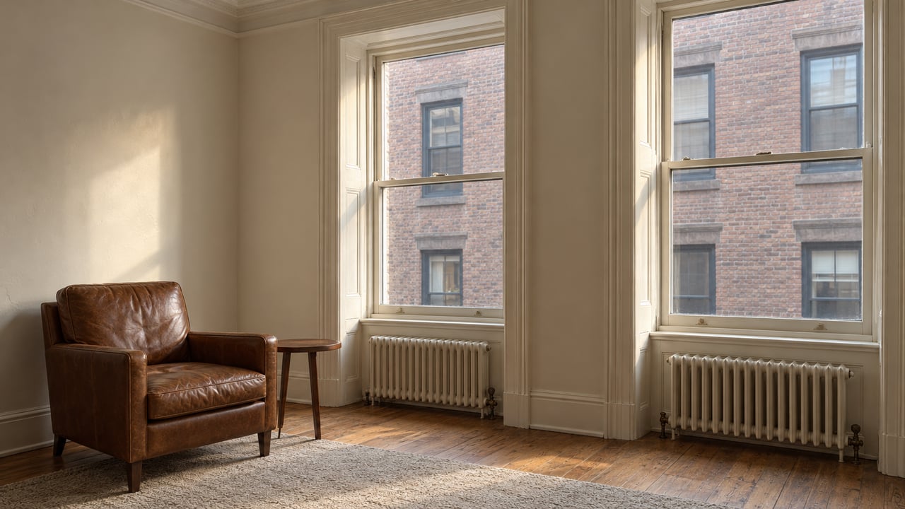Sunlight crosses oak floors in a historic condominium living room with tall sash windows, cream plaster walls and a worn leather armchair.