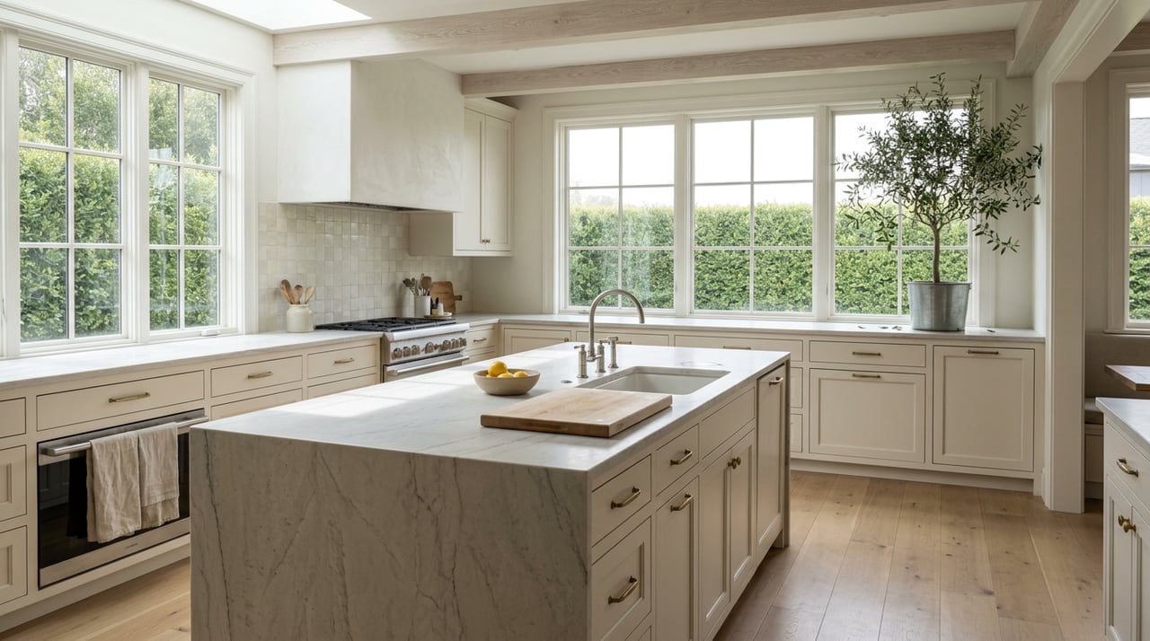 Warm-white kitchen with a veined stone island, brass hardware, and an olive tree beside the window.