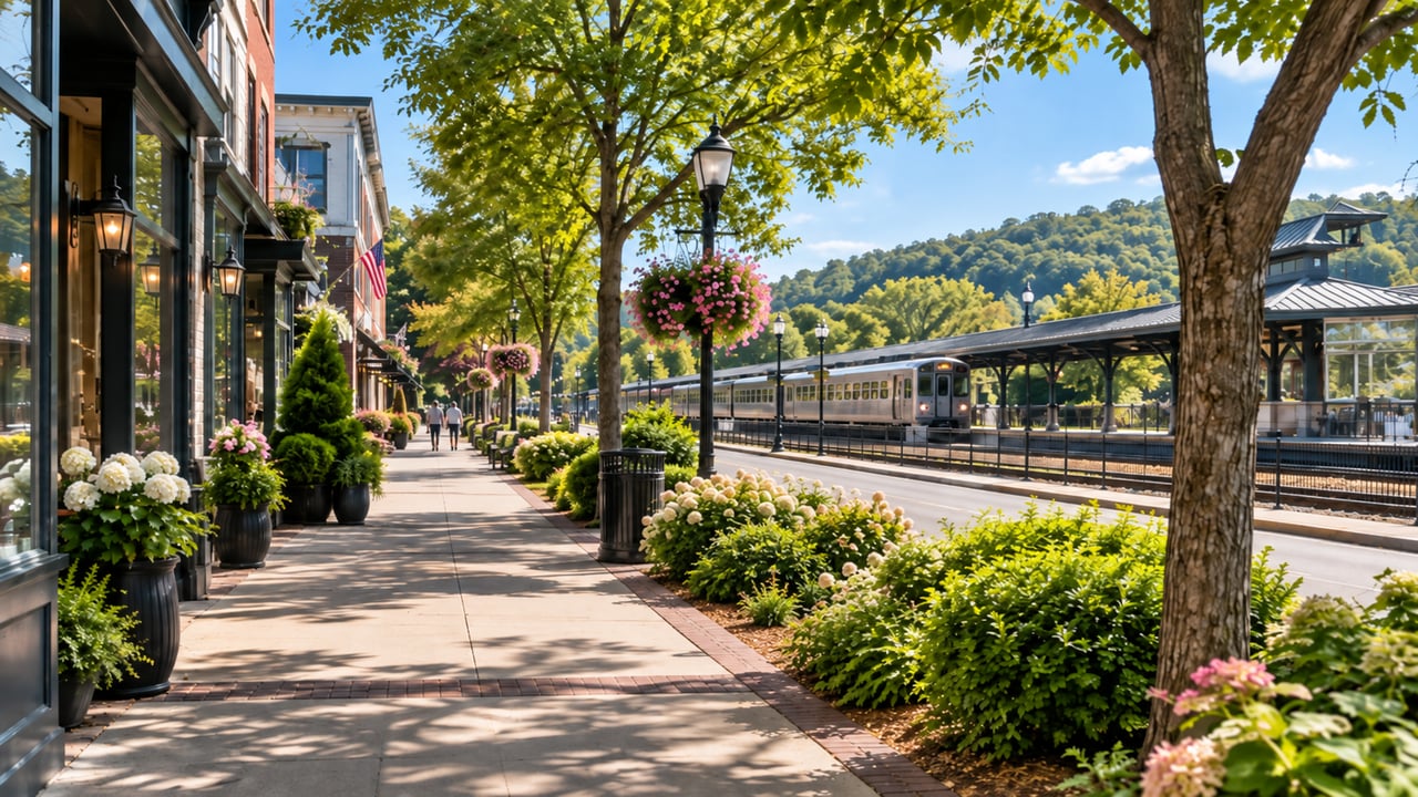 Tree-lined town sidewalk beside shops, with flower planters and a passenger train at the station.