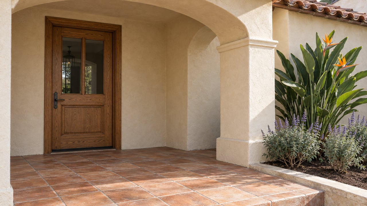 Covered stucco home entry with an oak-and-glass door, worn terracotta paving and orange bird-of-paradise flowers beside a stone-edged planting bed.