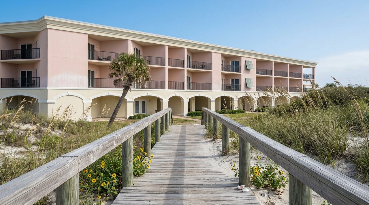 Weathered boardwalk crosses sea-oat-covered dunes toward a blush-pink condominium with black wrought-iron balconies.