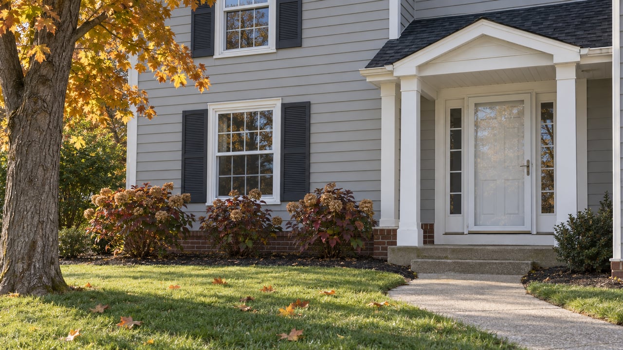 Light gray traditional home with paired shutters, a sheltered white entry and amber maple foliage above a broad front lawn.