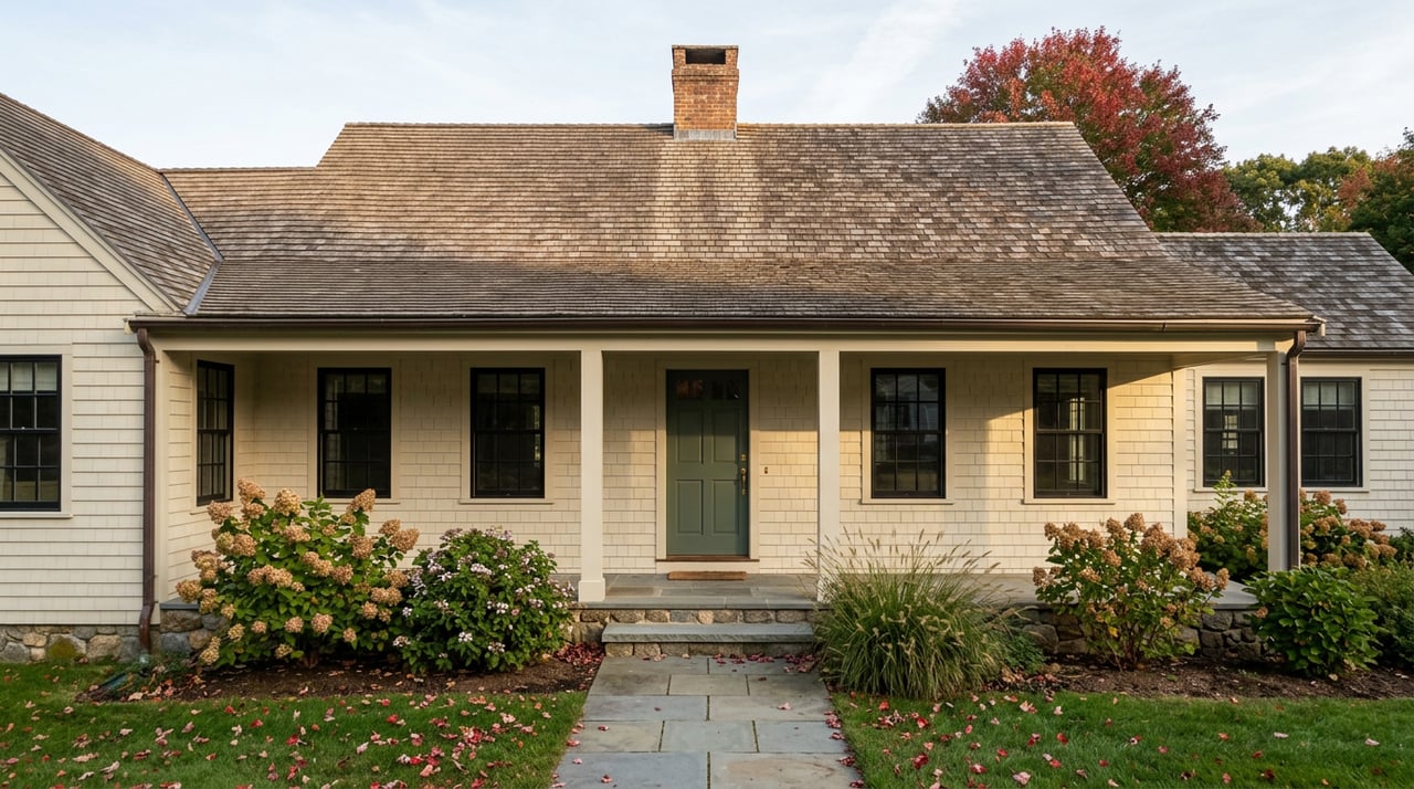Shingle-style village home with a sage-green door, granite foundation, bluestone walk, and scattered autumn leaves.