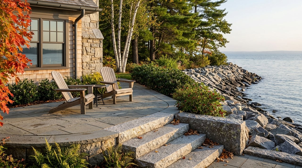 Bluestone steps meet a granite riprap shoreline beside a cedar-shingled house, with calm water beyond.