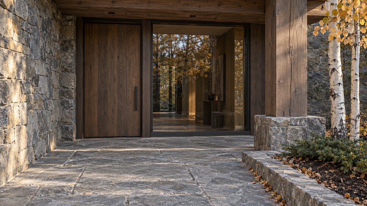 Weathered timber and gray stone frame a glazed mountain-home entrance above a broad stone landing with autumn aspens.