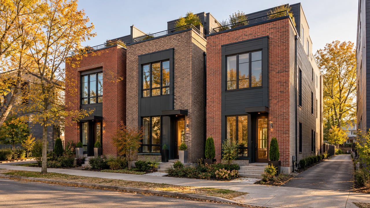 Illustrated row of Nashville-style brick townhomes with separate entrances, roof terraces and a side drive.