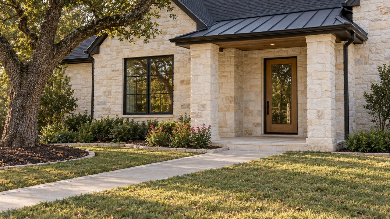 Pale limestone home with a dark gabled roof, covered wood-and-glass entry, mature live oak and lawn in warm afternoon light.