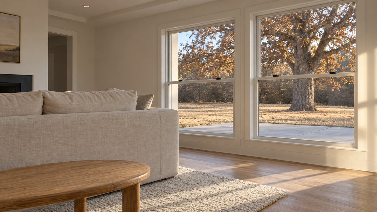 Sunlit living-room corner with oatmeal linen seating, pale oak flooring and closed windows overlooking an autumn bur oak.