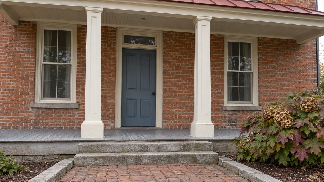 Brick house entry with cream timber porch columns, a muted blue door, weathered stone steps, and autumn oakleaf hydrangea.