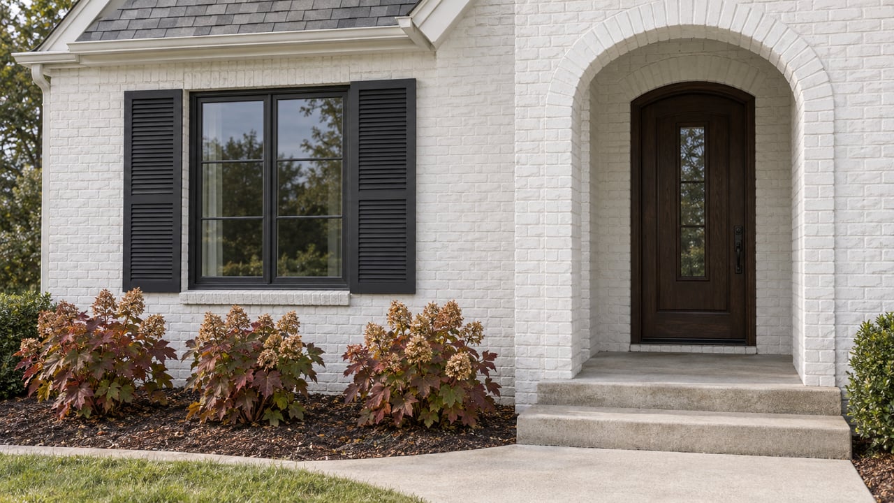 White-painted brick home with an arched oak entry, dark window shutters, concrete steps and autumn oakleaf hydrangeas.
