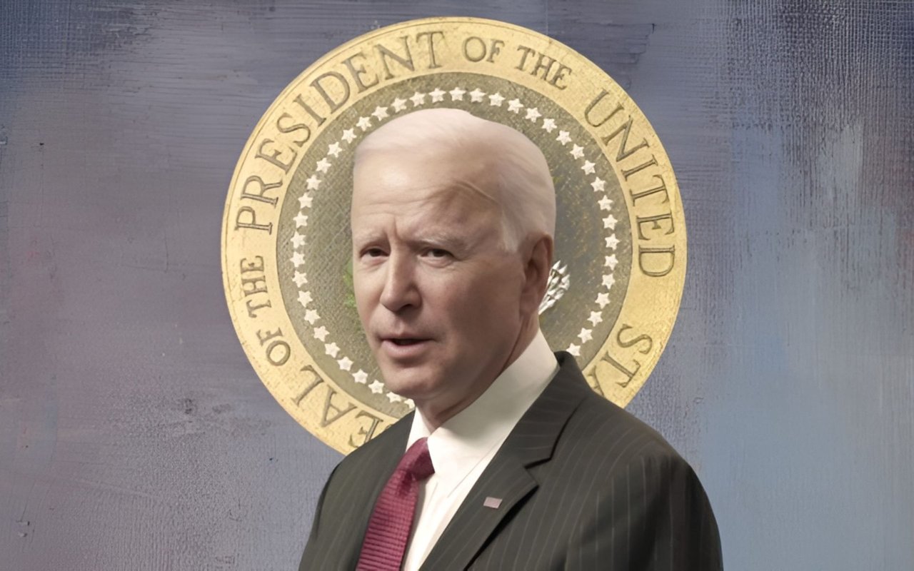 Joe Biden in a dark suit before the presidential seal.