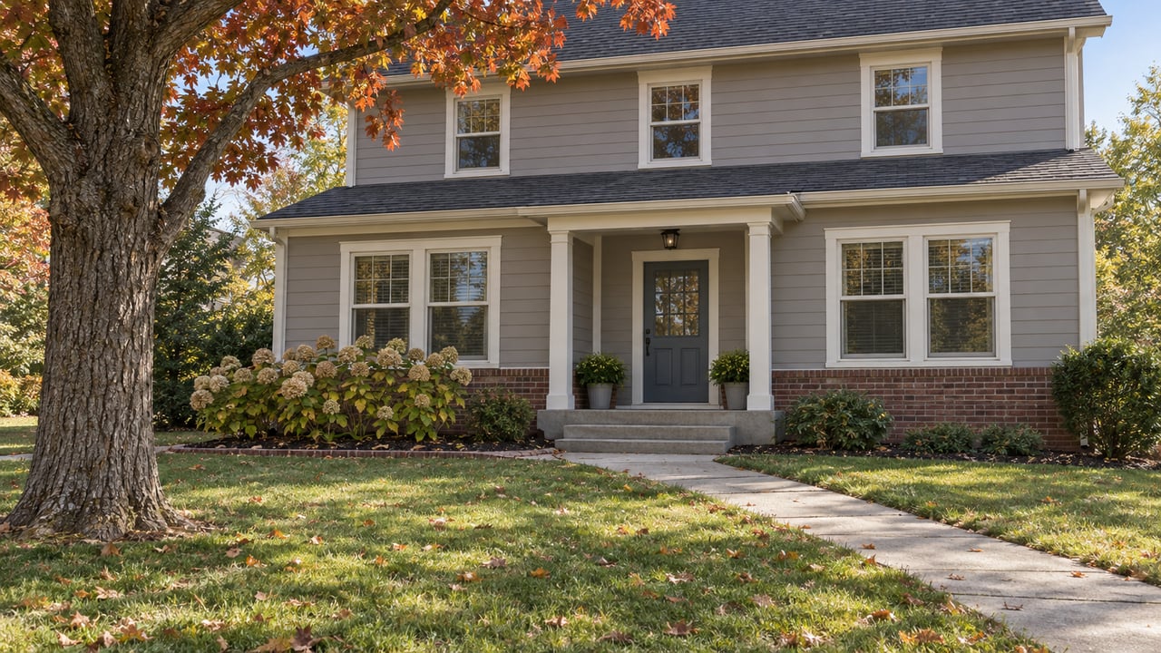 A gray clapboard home with a brick foundation, covered entrance and broad autumn lawn beneath a mature red oak.